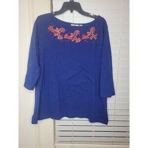 VTG Quacker Factory XL Blue 3/4 Sleeve Lobster Beaded Embellished Cotton Top